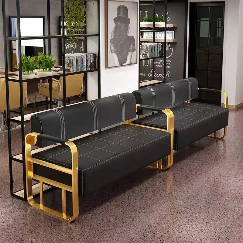 */Beauty Salon Barbershop Waiting Area Furniture Gold Metal Frame Leather Double Seats Room Chair