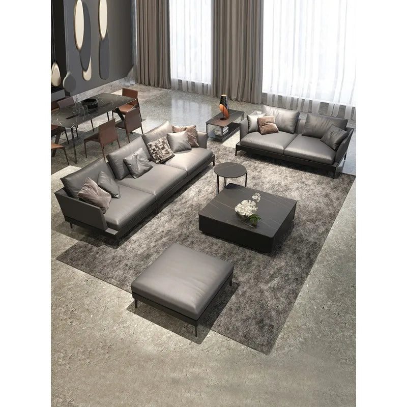Italian sofa light luxury nappa leather furniture large apartment living room gray Nordic simple modern Hong Kong model room