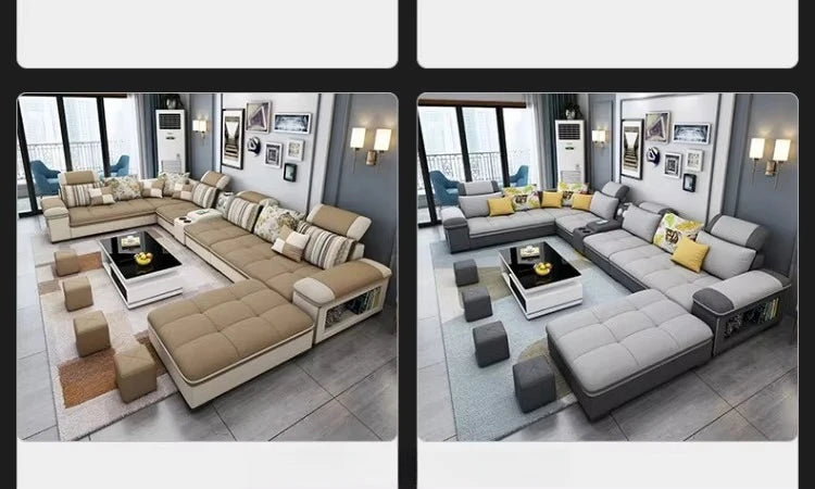 Modern simple living room sofa set U-shaped sleepable luxury cloth sofa villa large combination corner function sofa
