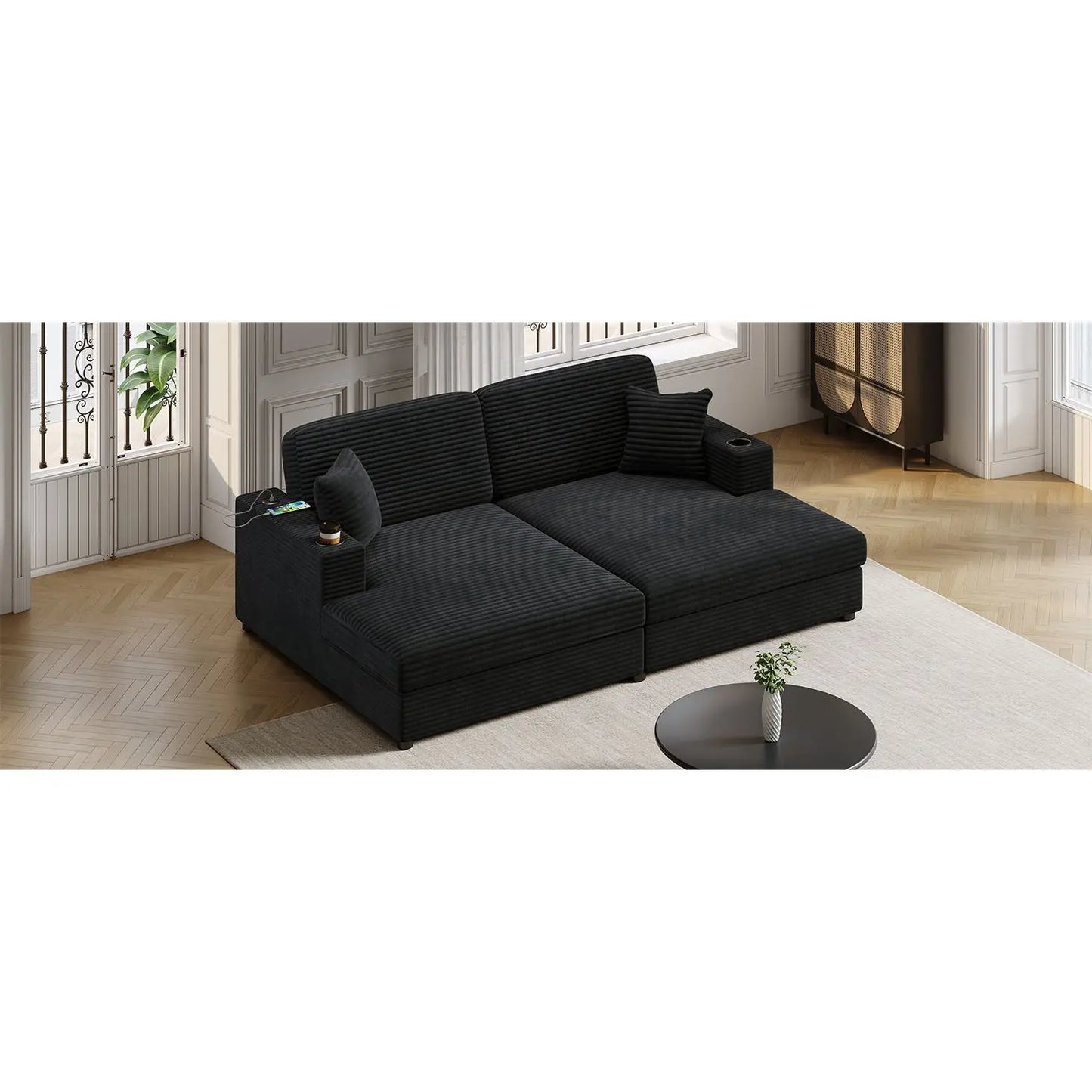 86.5\" Oversized Loveseat Corduroy Chaise Lounge Sectional Sleeper Sofa Two USB Ports Two Cup Holders Two Throw Pillows Black
