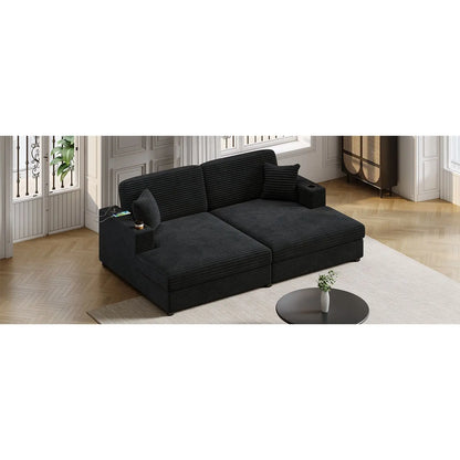 86.5\" Oversized Loveseat Corduroy Chaise Lounge Sectional Sleeper Sofa Two USB Ports Two Cup Holders Two Throw Pillows Black