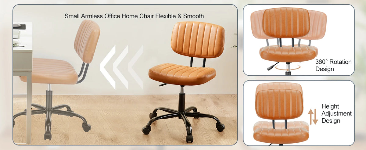 JHK Armless Office Desk Chair Back Lumbar Support Height Adjustable PU Leather Computer Chair with 360° Swivel Rolling Wheels