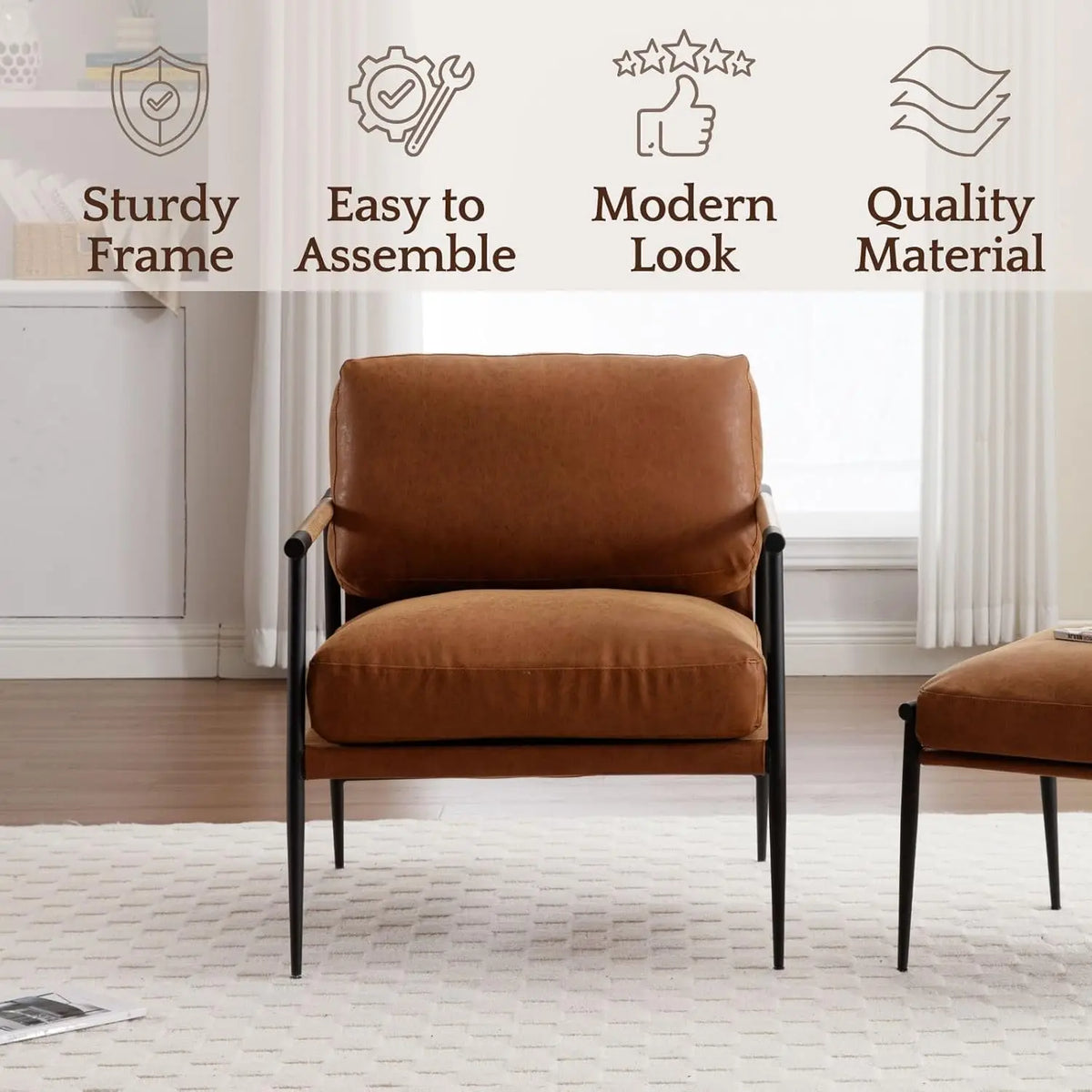 Mid-Century Leather Accent Chair Brown Modern Living Room Chair with Metal Legs Armchair Upholstered Comfy Leisure, Customized