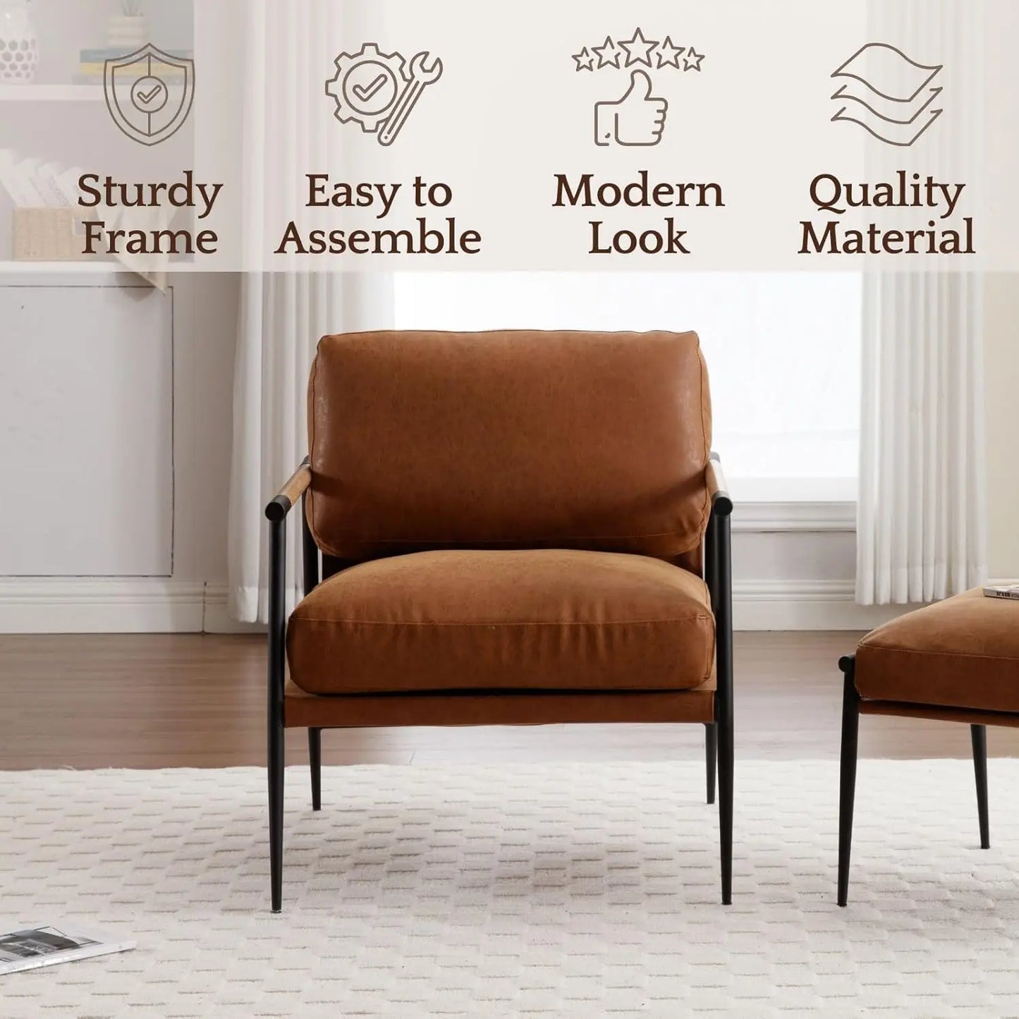 Mid-Century Leather Accent Chair Brown Modern Living Room Chair with Metal Legs Armchair Upholstered Comfy Leisure, Customized