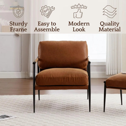 Mid-Century Leather Accent Chair Brown Modern Living Room Chair with Metal Legs Armchair Upholstered Comfy Leisure, Customized