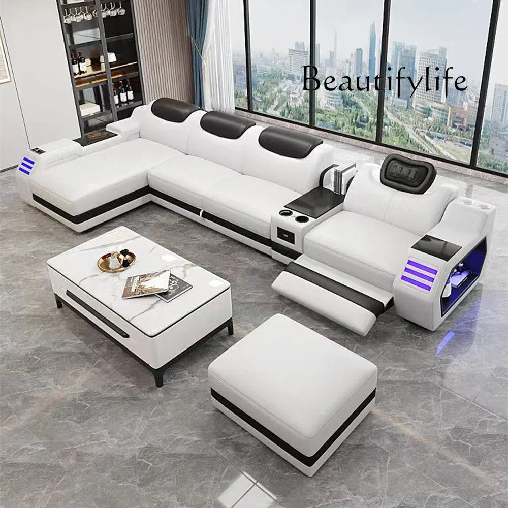 Modern L-Shaped Sectional Sofa Bed with Adjustable Headrests & LED Lights, Genuine Leather Recliner Couch with Storage & USB