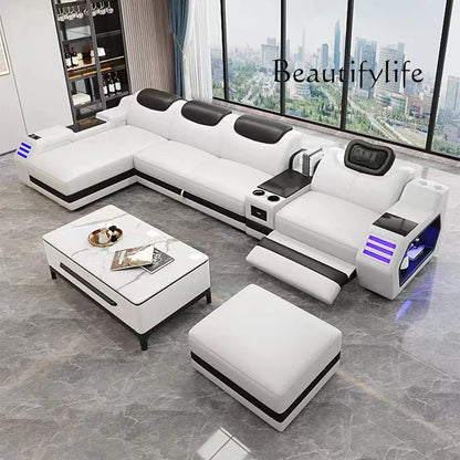 Modern L-Shaped Sectional Sofa Bed with Adjustable Headrests & LED Lights, Genuine Leather Recliner Couch with Storage & USB