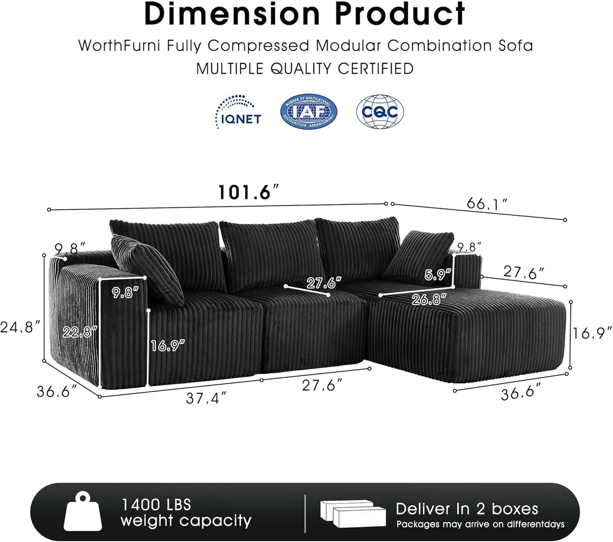 Modular Sectional with L-Shape Chaise, Cloud Sofa Living Room Bedroom Upholstered Sofa - No Installation - Plush Corduroy Fabric