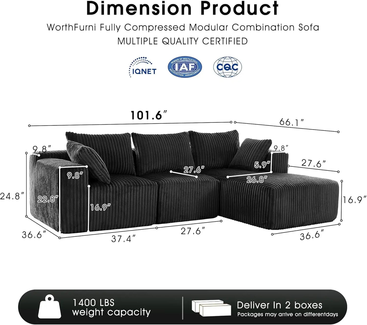 Modular Sectional with L-Shape Chaise, Cloud Sofa Living Room Bedroom Upholstered Sofa - No Installation - Plush Corduroy Fabric