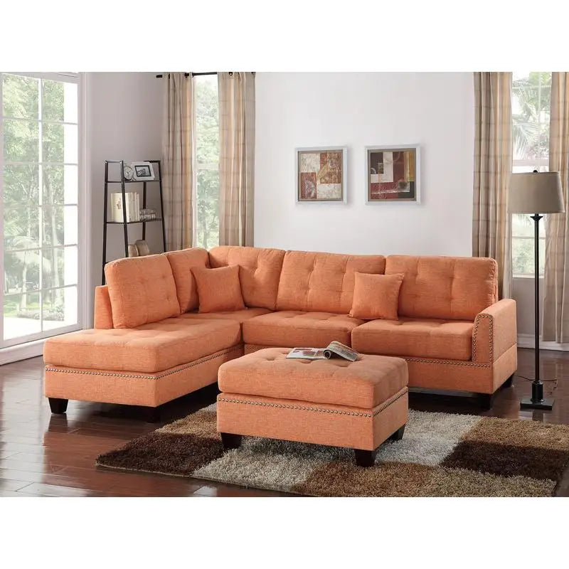Modern Citrus 3-Piece Sectional Sofa with Reversible Chaise and Ottoman, Tufted Polyfiber Cushion, Includes Pillows for Living