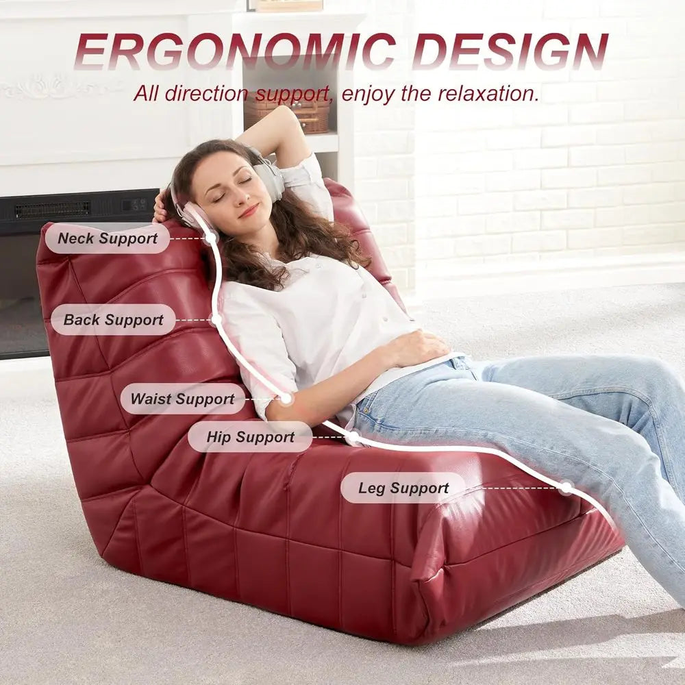 Memory Foam Bean Bag Chair - Adult Sofa, Faux Leather Armless Seat for Living Room, Bedroom, or Office (Wine Red)