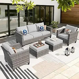 Patio Furniture Set, 5 Pieces Outdoor Wicker Sofa Couch with Chairs, Ottomans and Comfy Cushions, All Weather High Back Rattan