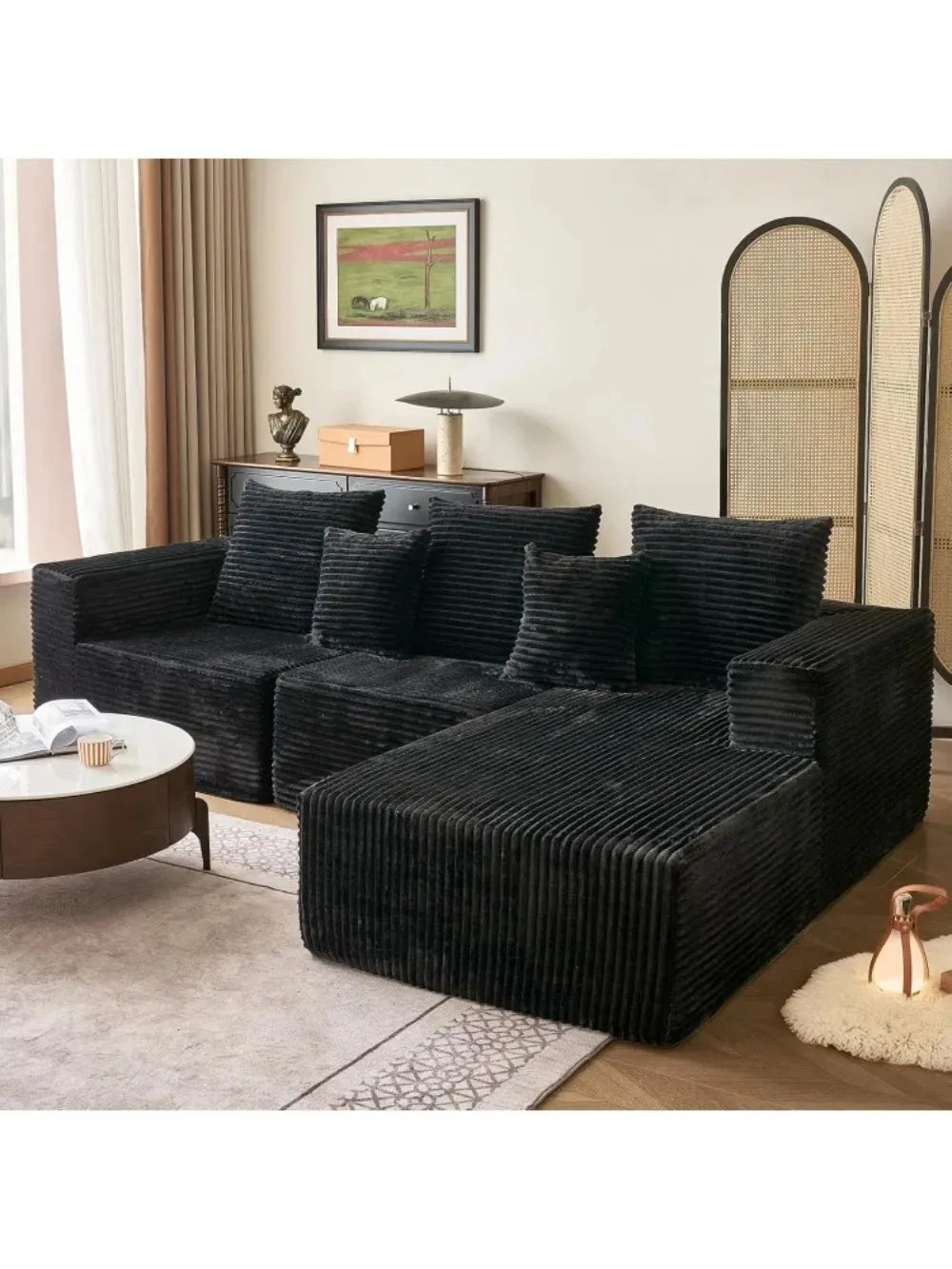 108'' Sectional Couches for Living Room, Boneless Cloud Couch, L Shaped Couch w/Stripe, Modular Sectional Sofa w/Flannel Fabrics