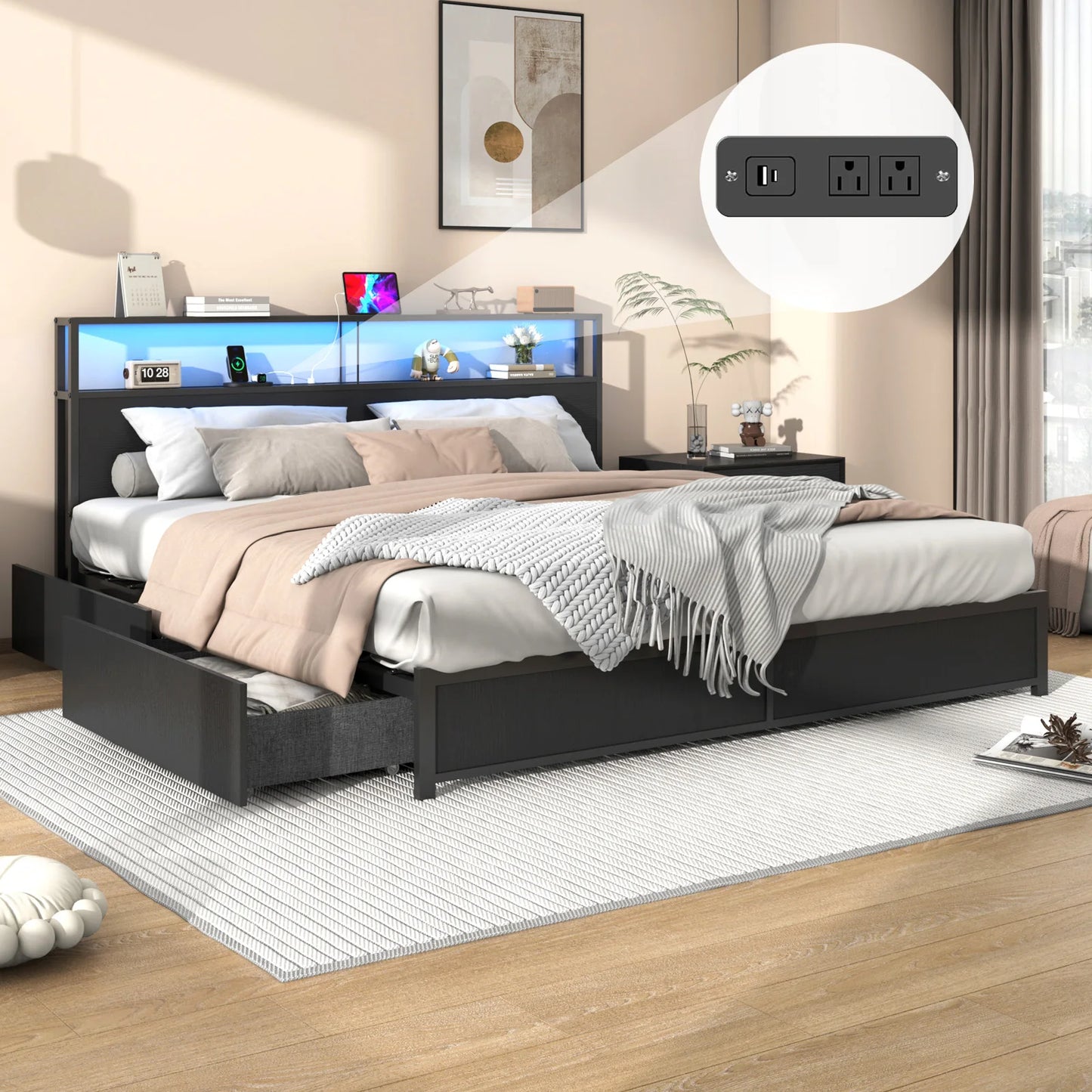 LED Bed Frame Full/QueenKing Size with 2 USB Ports and Outlets, Platform Metal Bed Frame with 4 Storage Drawers and Headboard