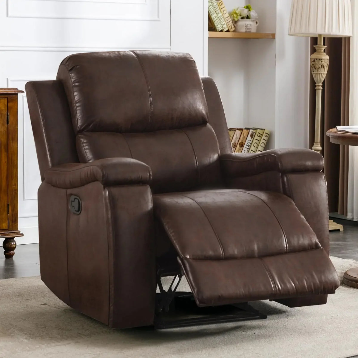 CANMOV Leather Recliner Chair, Classic and Traditional Manual Recliner Chair with Overstuffed Arms and Back, Manual Single Sofa