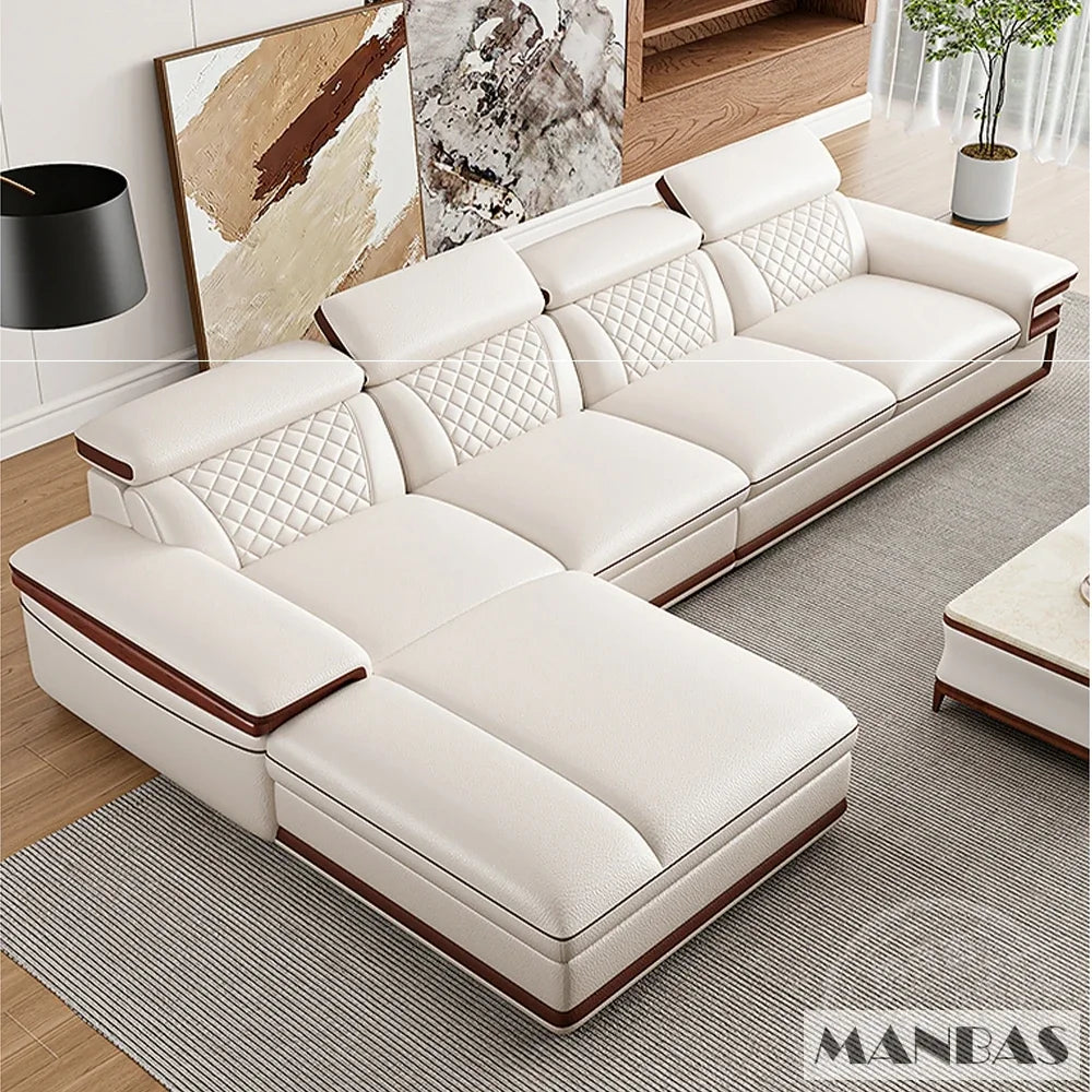 MINGDIBAO Premium Italian Genuine Leather Sofa Set for Living Room with Adjustable Headrests and Built-in Bluetooth Speaker, USB