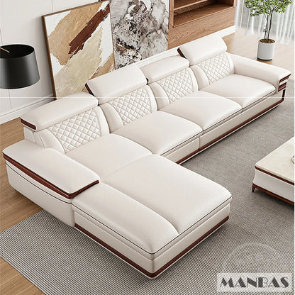 MINGDIBAO Premium Italian Genuine Leather Sofa Set for Living Room with Adjustable Headrests and Built-in Bluetooth Speaker, USB