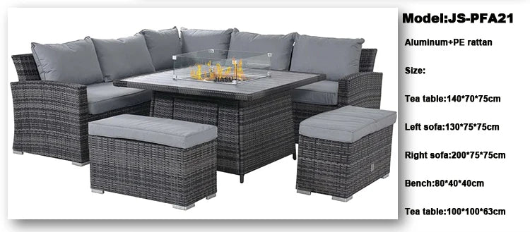 4 Piece Modern Luxury Dining Metal Aluminum Wicker Rope Ratan Sofa Garden Set With Fire Pit Outdoor Rattan Patio Furniture Set