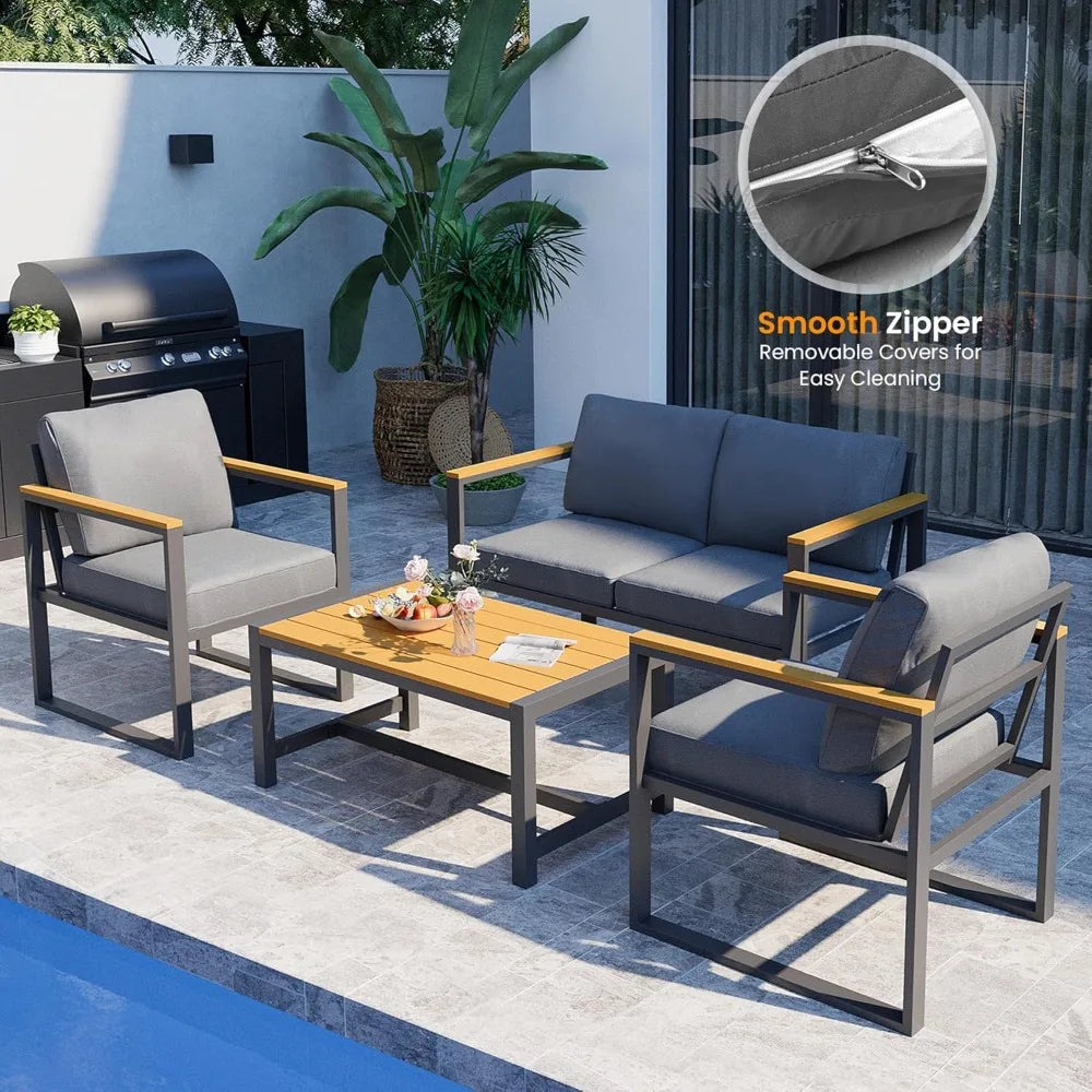 4 pieces outdoor patio furniture set, modern metal balcony furniture with plastic-wood coffee table, all-weather patio conversa