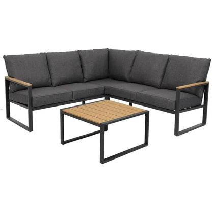 "6-Piece L-Shaped Patio Set - Outdoor Sectional Sofa w/ Faux-Wood Side Table, All-Weather Conversation Group"