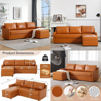 L-Shaped Faux Leather Sectional Sofa with Reversible Chaise, 80.7 Inches Long, Comfortable Mid-Century Modern Living Room Furnit