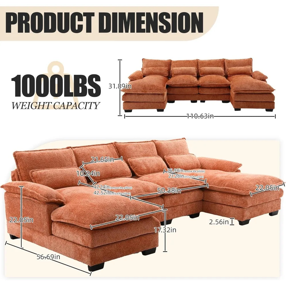 U-Shaped Sectional Couch, Modern Chenille Extra Large Modular Sofa with 4 Cushions,Memory Foam Funiture Set with Double Lounger