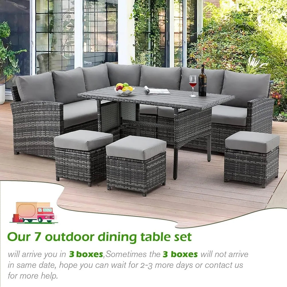 Patio Furniture Set, 7 Pieces Outdoor Patio Furniture with Dining Table&Chair, All Weather Wicker Conversation Set with Ottoman