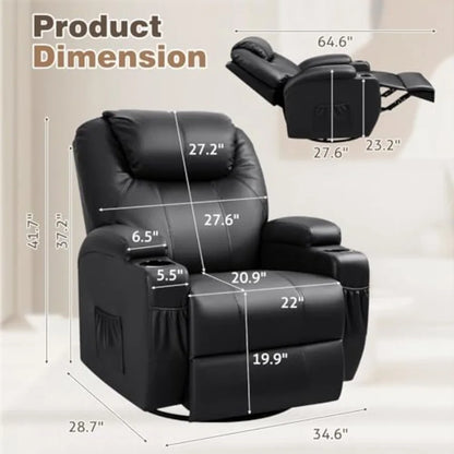 Recliner Chair, 360° Swivel Rocker Chair for Adults, Rocking Recliner Chair with Massage, Comfy Single Sofa with Side Pockets C