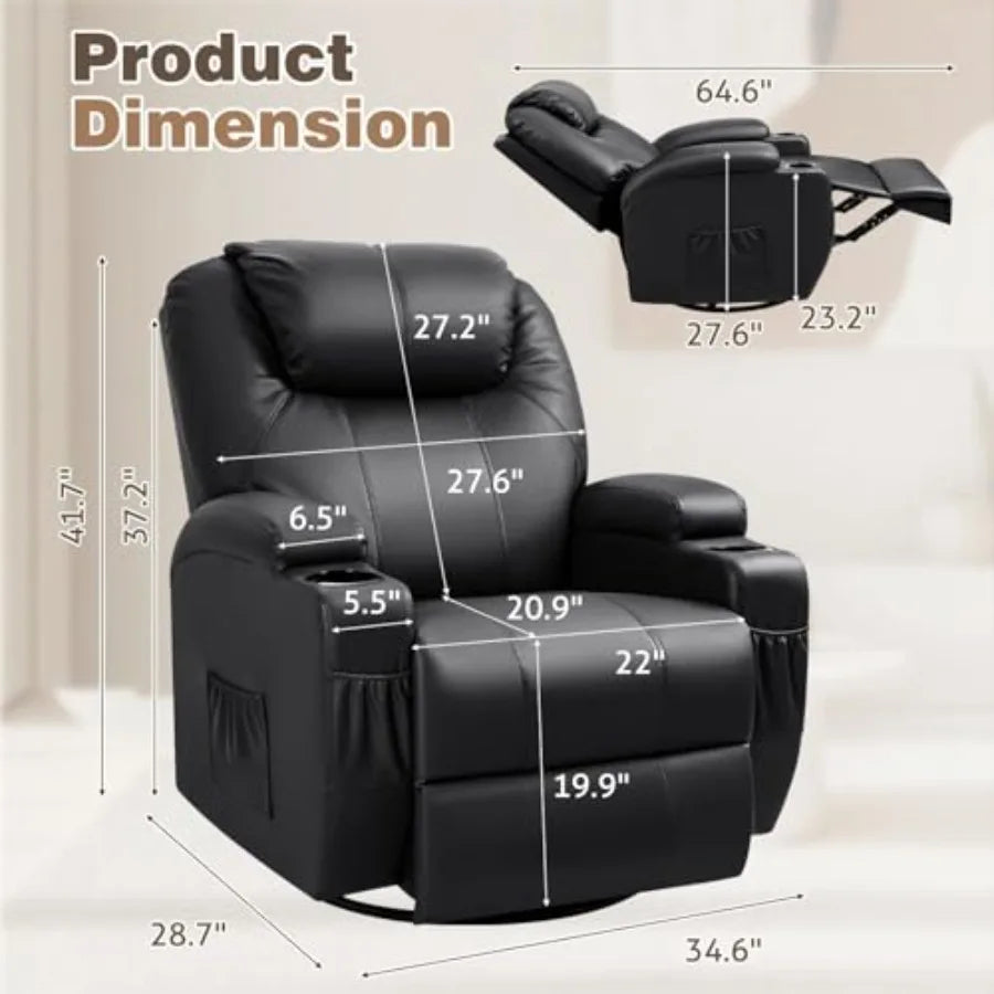 Recliner Chair, 360° Swivel Rocker Chair for Adults, Rocking Recliner Chair with Massage, Comfy Single Sofa with Side Pockets C