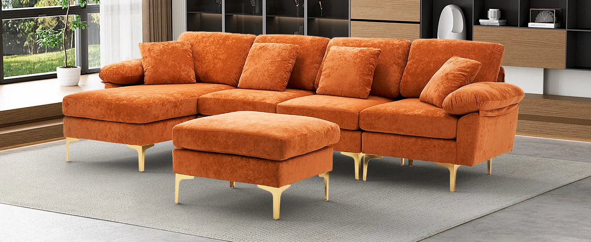 U Shaped Sectional Sofa Couch Set for Living Room Convertible Velvet with Chaise Lounge Ottoman and Pillows