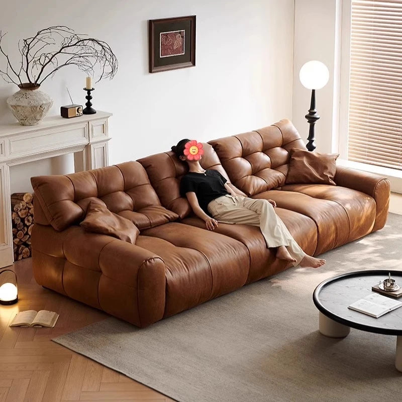 Retro oil wax leather sofa, small apartment living room straight row sofa, large sitting depth movable backrest medium ancient