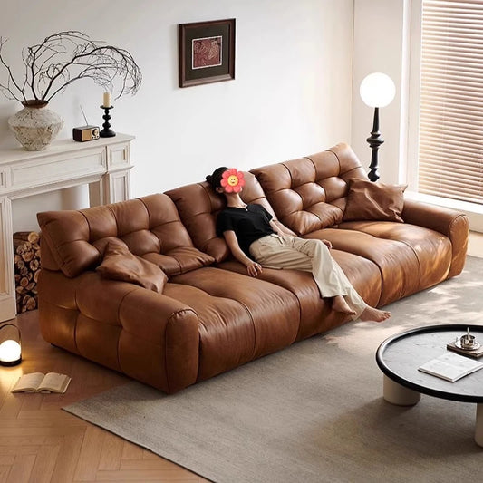 Retro oil wax leather sofa, small apartment living room straight row sofa, large sitting depth movable backrest medium ancient