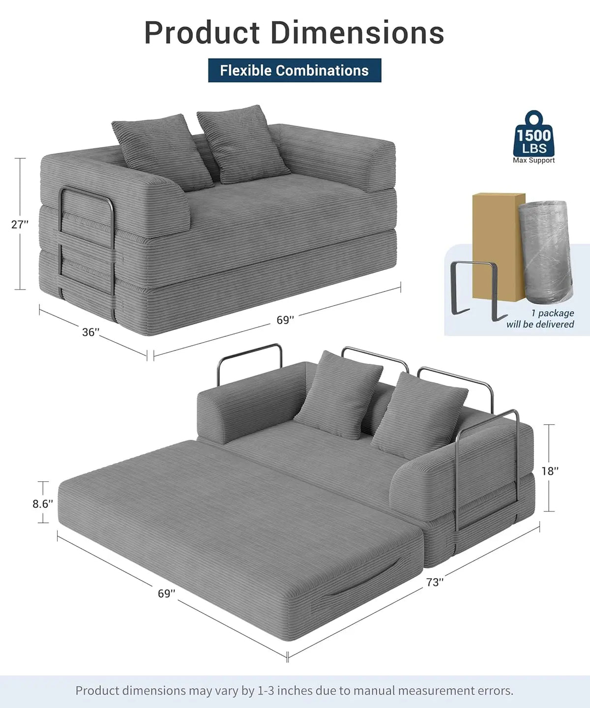 Cloud Boneless Convertible Floor Sofa Bed, 70