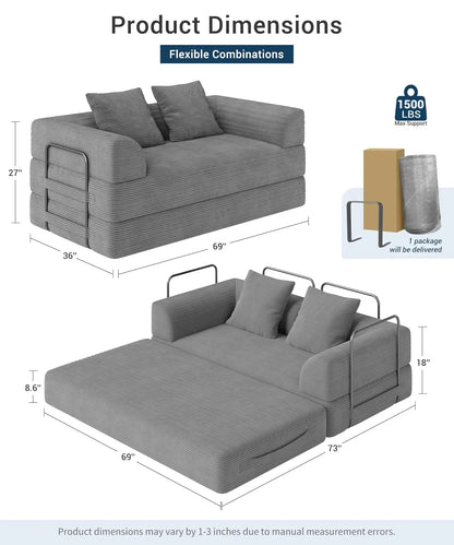 Cloud Boneless Convertible Floor Sofa Bed, 70" 4-in-1 Foldable Compressed Loveseat Lounge Sleeper 2 Seater Couches,, Customized