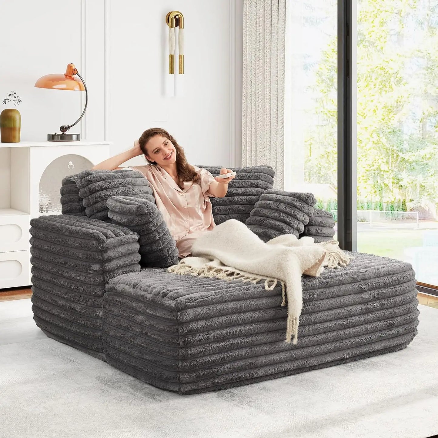 [Limited Stock!]56"W Oversized Chaise Lounge Chair Indoor,Plush Faux Fur Sleeper Sofa Couch Bed with Pillows&Wide Armrest,Fluffy