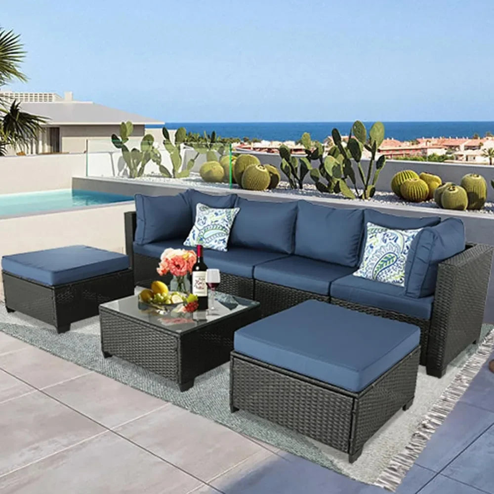Garden Furniture 7 Pieces Set, Patio Furniture PE Wicker Sets with Washable Cushions Glas Coffee Table, Garden Furniture Set