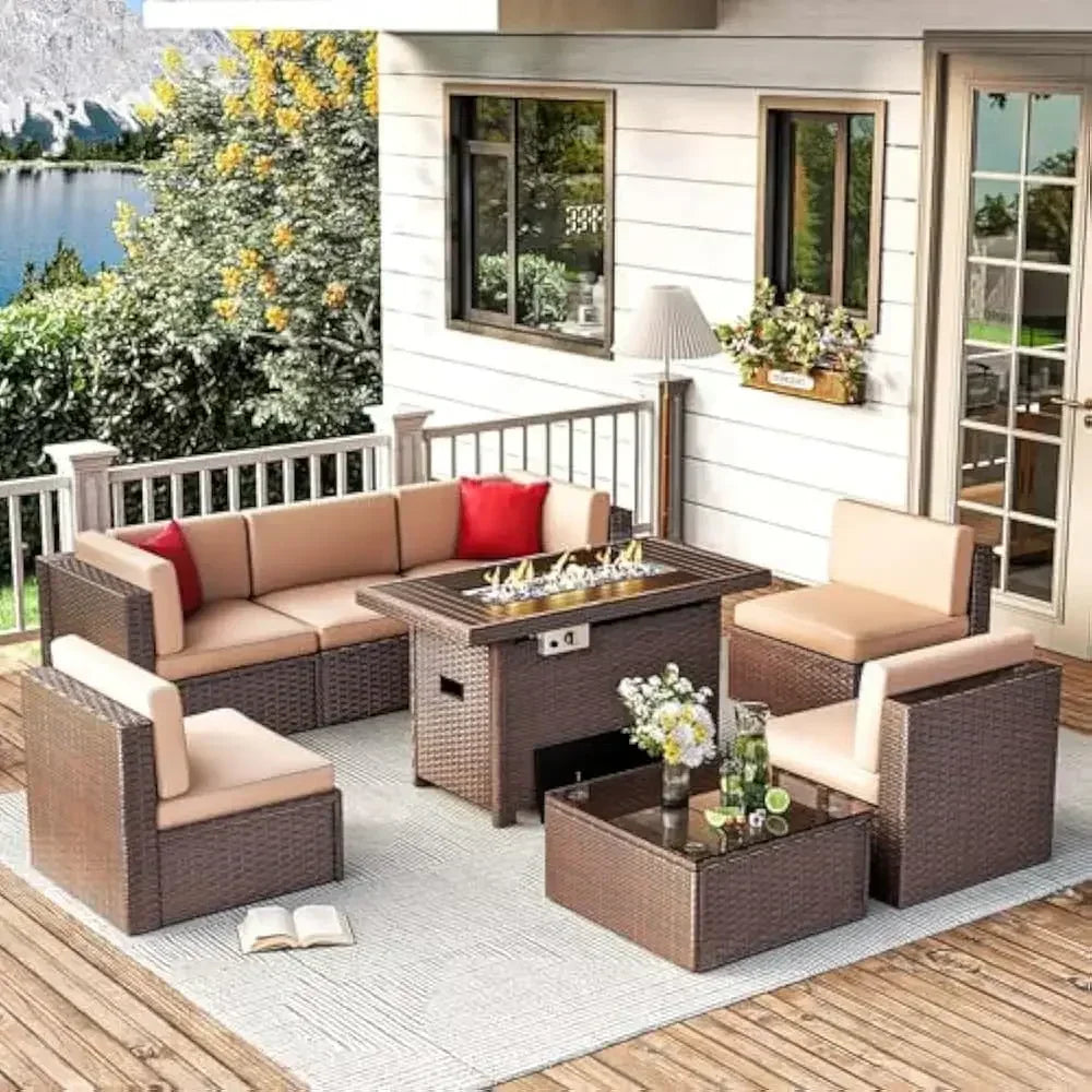 /Outdoor Patio Furniture 8 Pieces Set with 40" Fire Pit Table, Wicker Rattan Sectional Conversation Set with Coffee Table