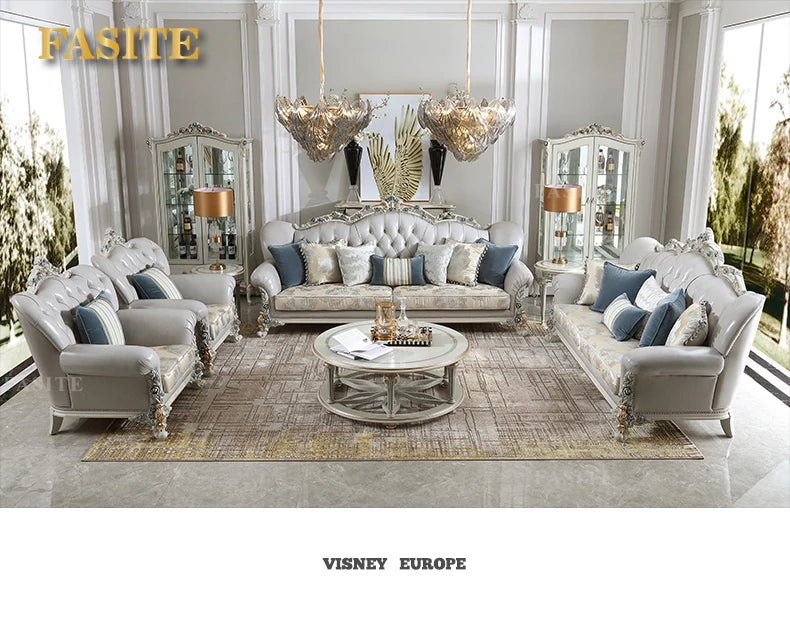 French light luxury living room large apartment first layer cowhide European solid wood carving flower three sofa combination