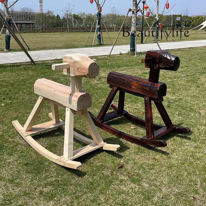 Anti-corrosive solid wood rocking horse carbonized wood rocking chair adult decoration kindergarten outdoor toy Trojan horse