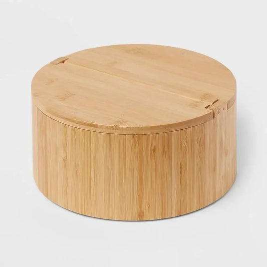 Circular Bamboo Hinge Lid Bathroom Organizer Makeup Storage Natural Finish Extra Large Stylish Countertop Space Practical &