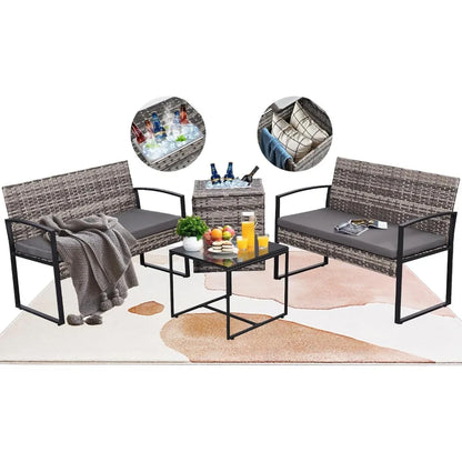 4 Piece Outdoor Patio Furniture Set with Built-in Beverage Cooler Storage Box, Wicker Conversation Sets Patio Outdoor Loves