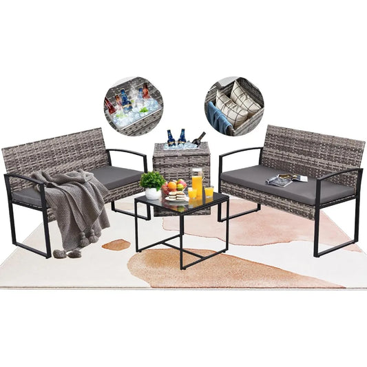 4 Piece Outdoor Patio Furniture Set with Built-in Beverage Cooler Storage Box, Wicker Conversation Sets Patio Outdoor Loves