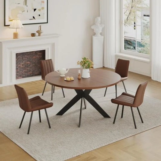 Walnut Round Dining Table Set for 4 Mid-Century Modern Kitchen Table and Chairs Small Space Dining Room Furniture for Apartment