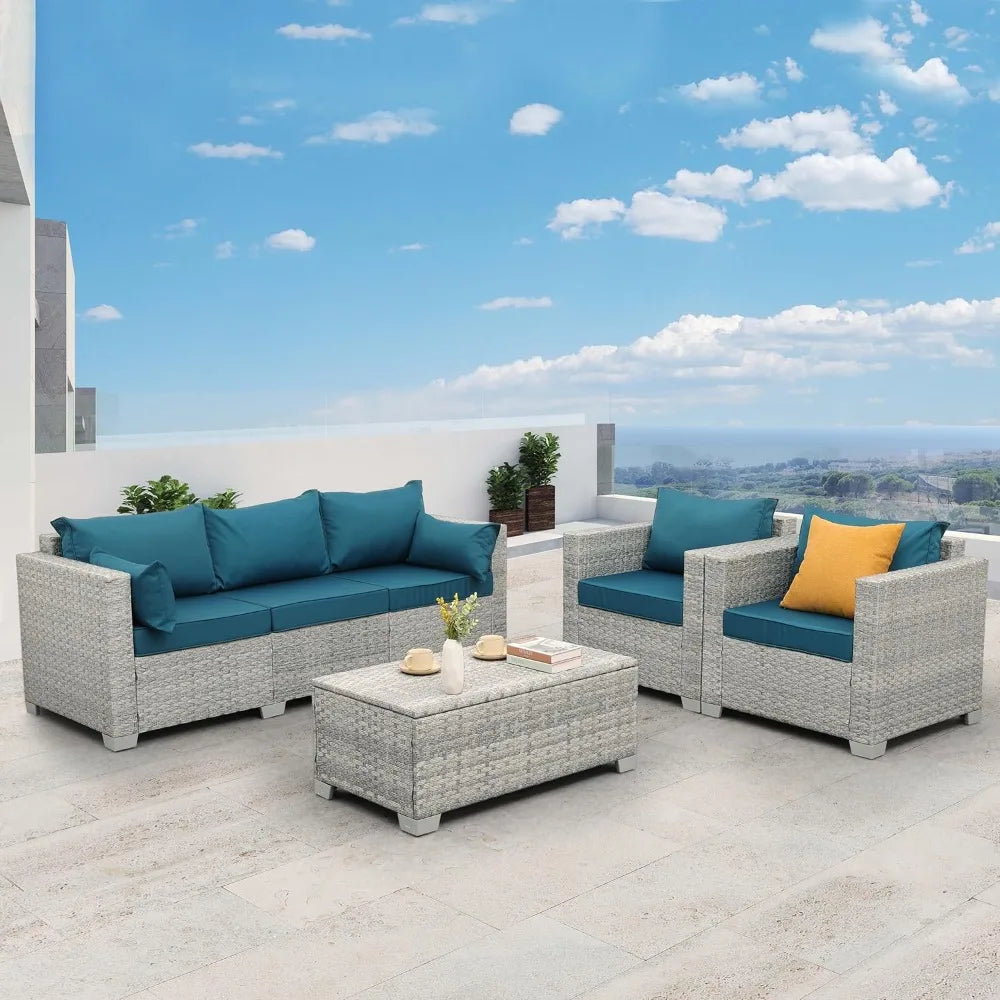 4-Piece Wicker Patio Furniture Set, PE Rattan Sectional Sofa with Storage Table, All-Weather Outdoor Conversation Sets.