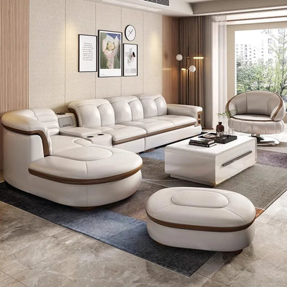 L-Shaped Genuine Leather Sectional Sofa Sets with USB, Bluetooth Speaker