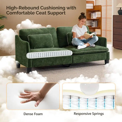 Extra Deep Seat 3-Seater Sofa with Piped Cushions and Throw Pillows, Linen Velvet Fabric for Living Room, Bedroom, or Office