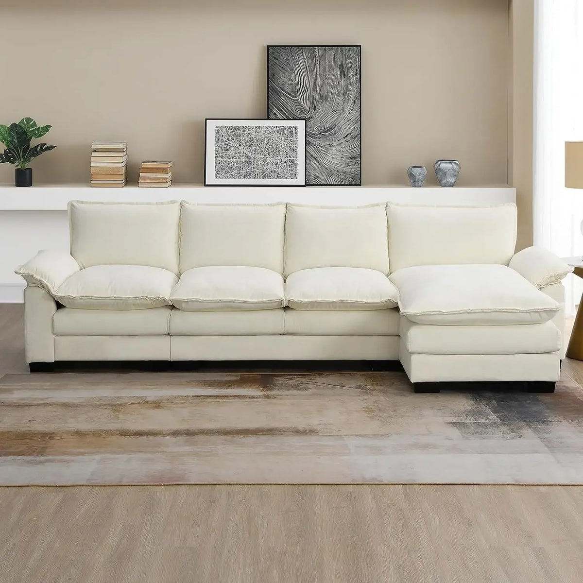 SAT Convertible Sectional Sofa, Modern Chenille Fabric L Shaped Living Room Furniture Set, 5 Seat Sofa with Chaise & Deep Seat