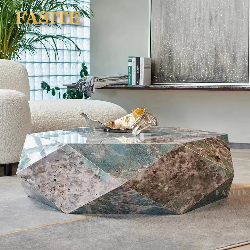 Postmodern tea table simple polygonal tea table Amazon green Italian light luxury rock slab special-shaped coffee table designer