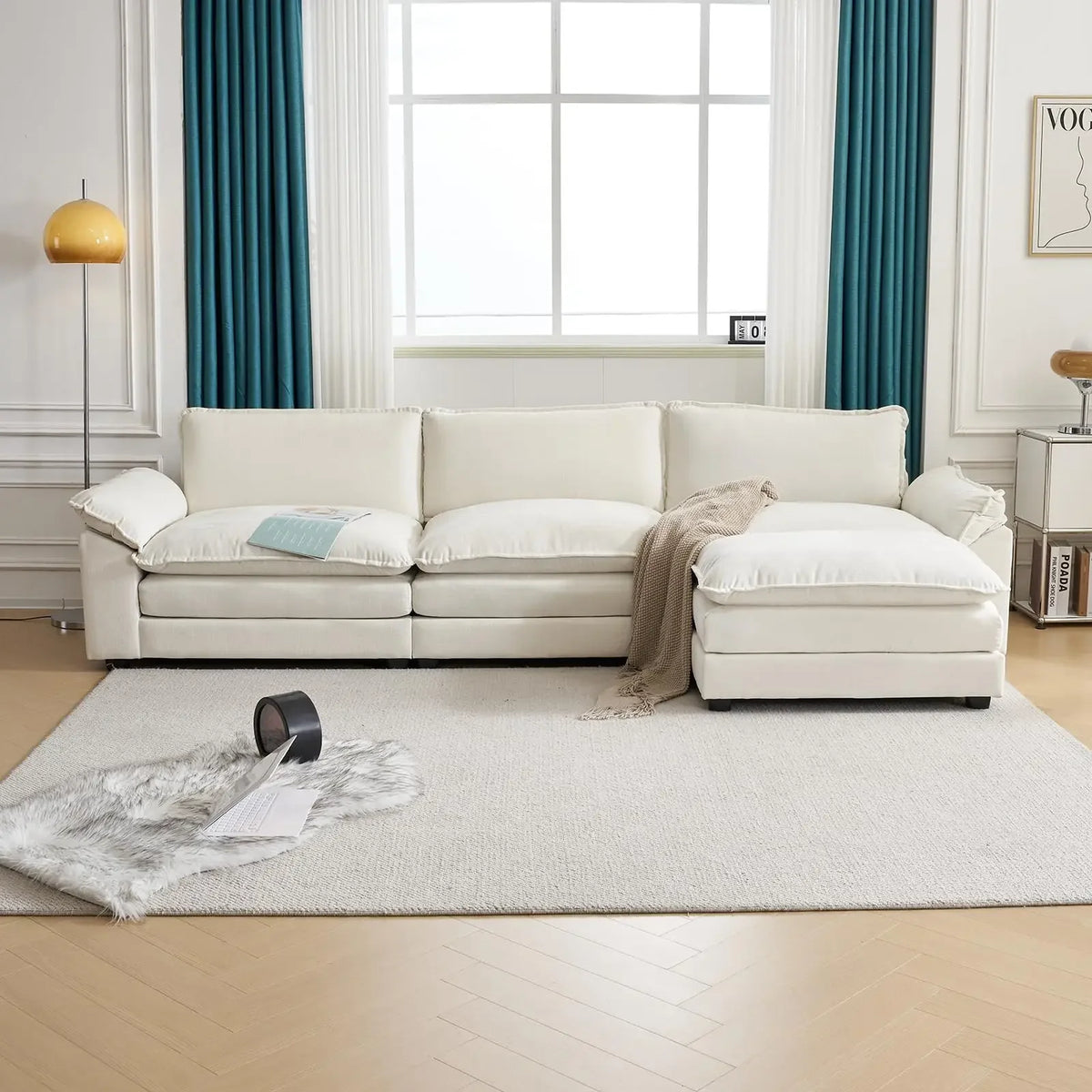 -Modern Living Room Furniture 2 Seat Couch Sectional Loveseat White Fabric L Shaped Sofa Set