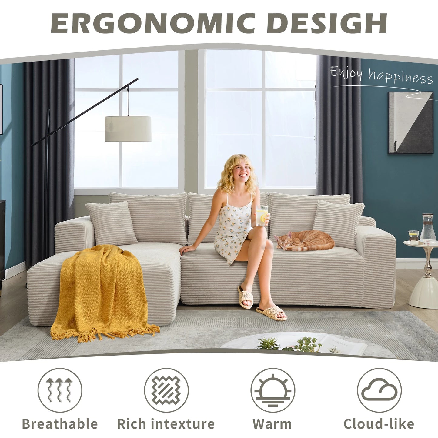 Living Room Sofa L Shaped Cloud Couch 107 Inch Plush Sectional Sofa with Chaise Minimalist Living Room Furniture